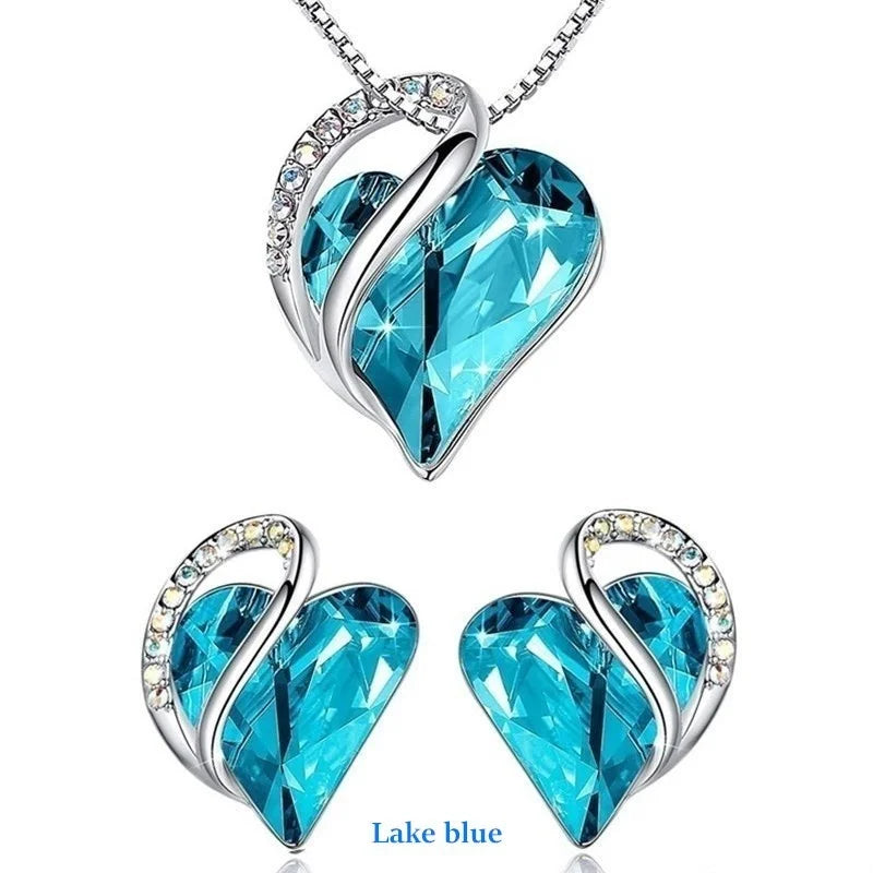 Silver Heart Crystal Earrings & Necklace Jewelry Set for Women Crystal Jewelry Set Nixie Lake blue