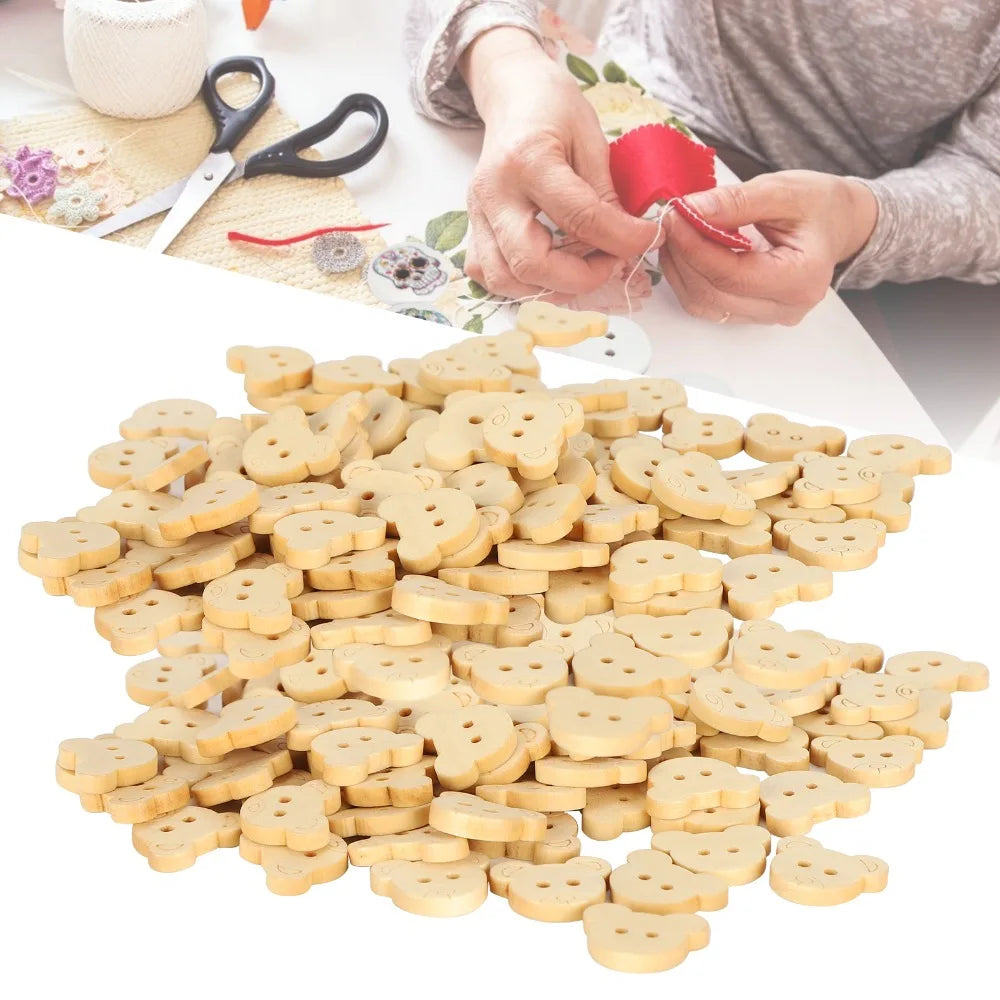 100pcs Wooden Bear Buttons 21mm Natural 2-Hole Sewing Craft