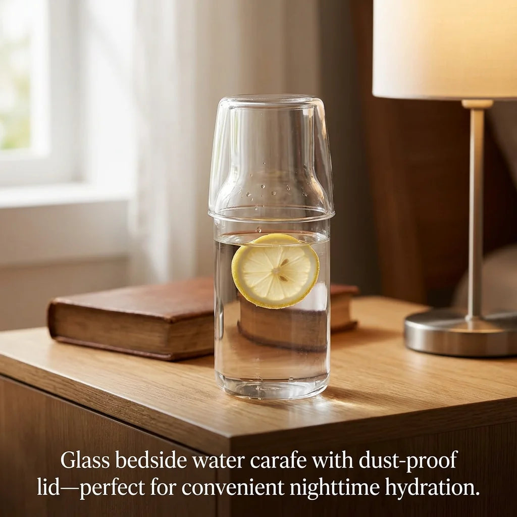 Bedside Glass Water Carafe & Cup Set 550/600ml – BPA-Free Glass Carafe Set Nixie
