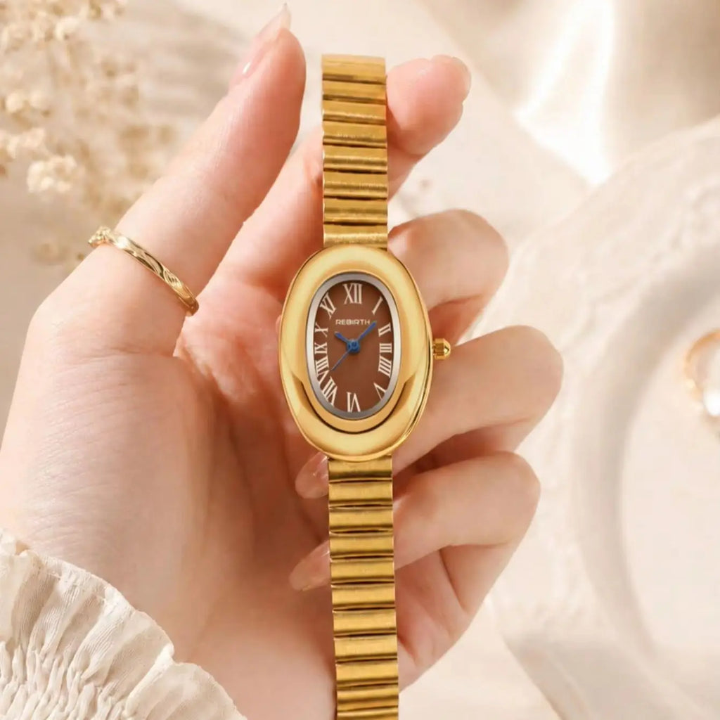 REBIRTH Vintage Oval Gold Women's Quartz Watch Roman Numeral Women's Quartz Watch Nixie