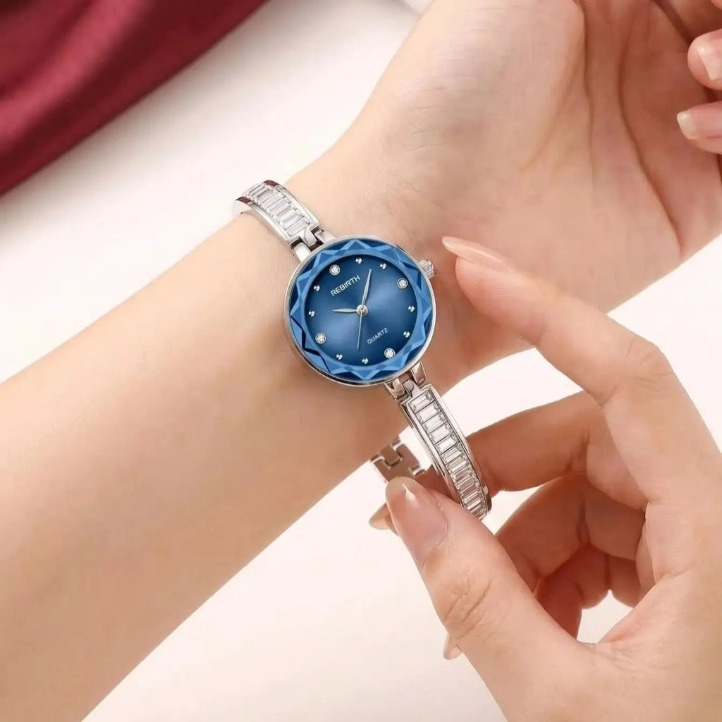 REBIRTH Women's Blue Dial Diamond Quartz Watch | Steel Band Women's Quartz Watch Nixie