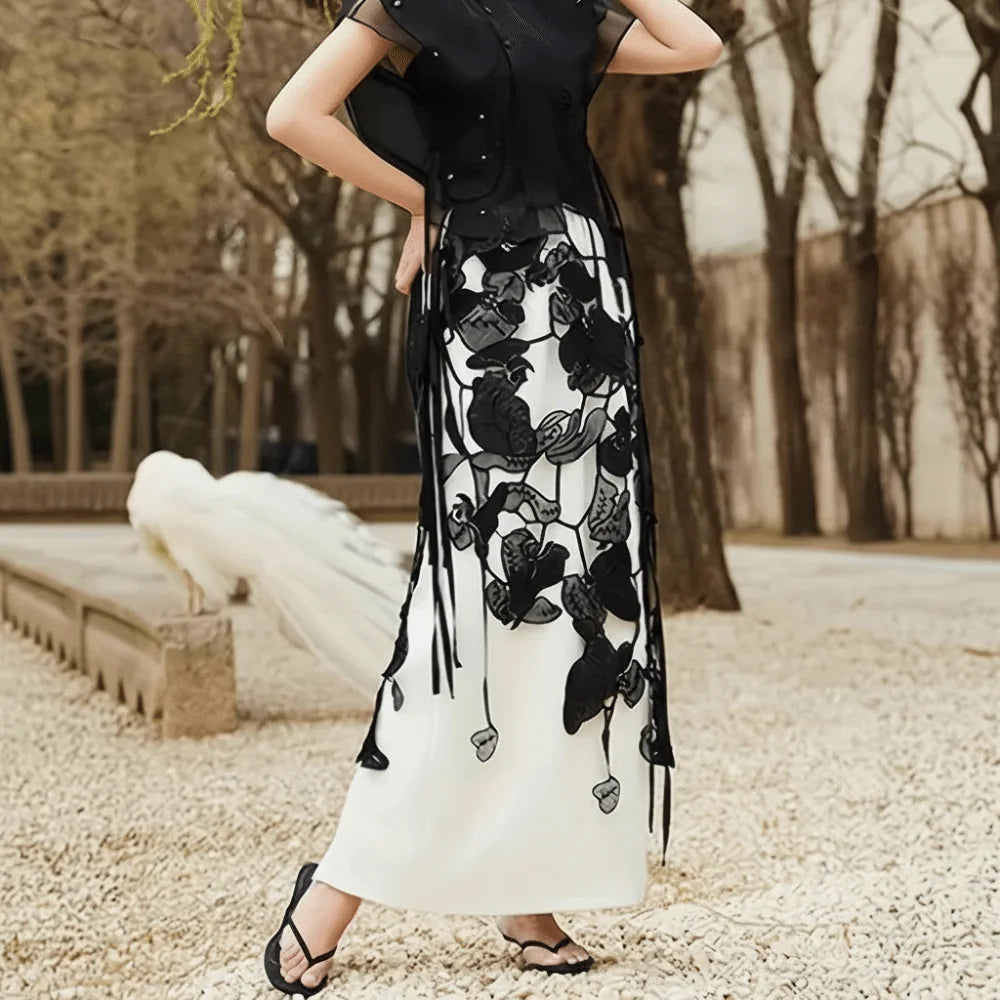 High Waist Lace Midi Skirt Hollow Tassel Side Slit Y2K Style Lace Midi Skirt Nixie