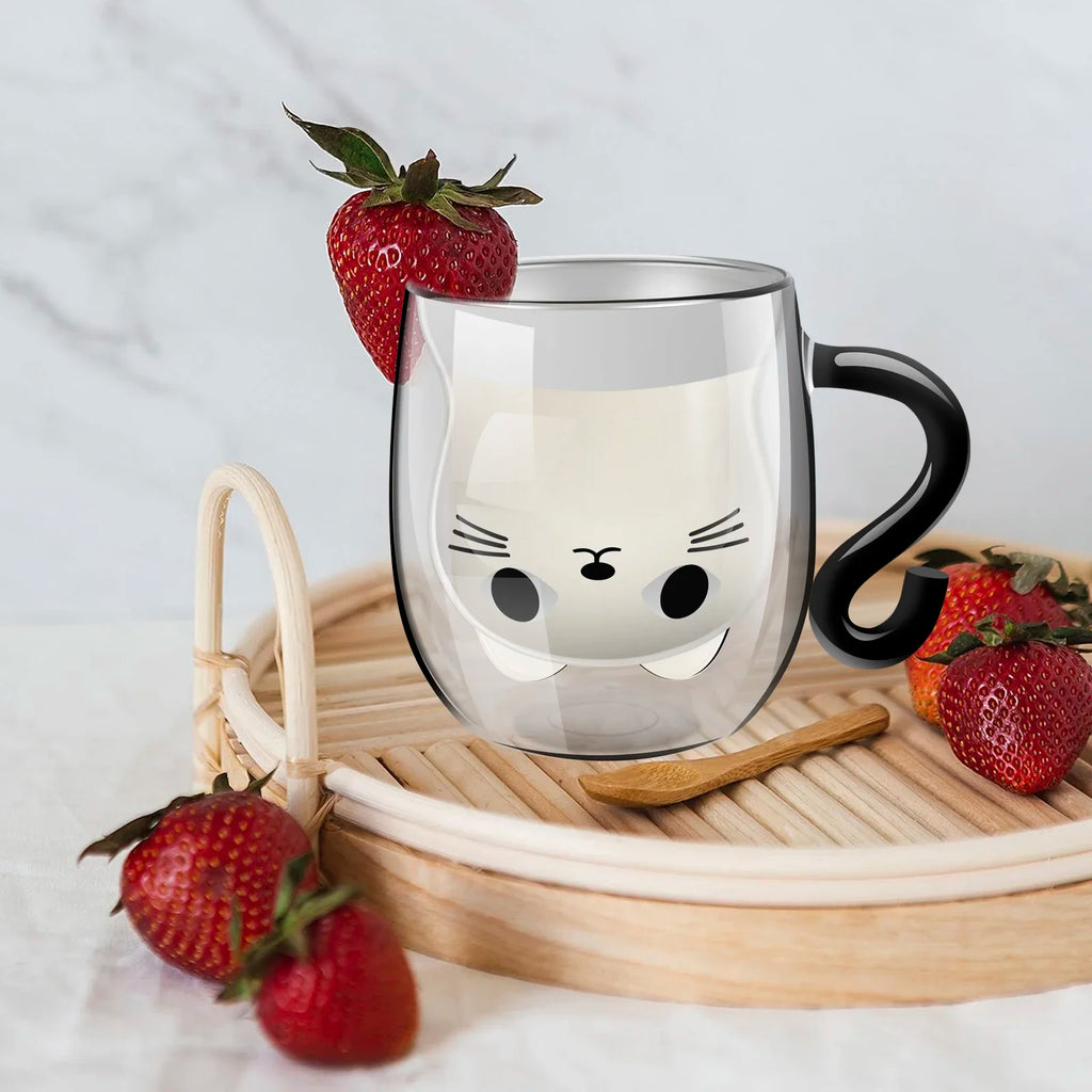 Cute Cat Double-Wall Glass Mug with Handle | 250–300ml Glass Coffee Mug Nixie