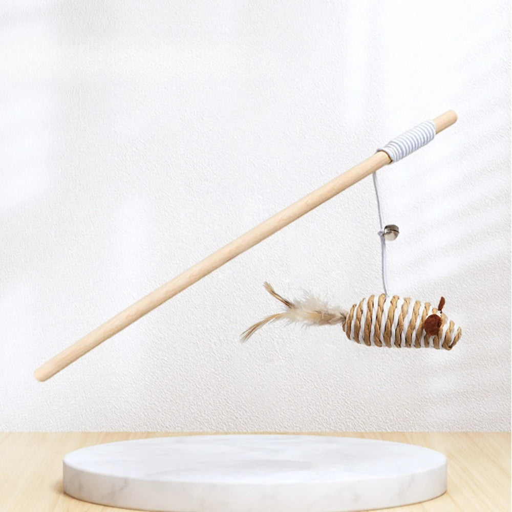 Wooden Handle Cat Teaser Wand – Feather, Bell & Elastic String
