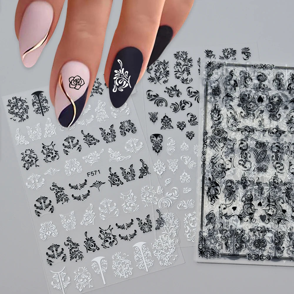 6-Piece 3D Lace Floral Nail Art Stickers – Black & White Decals Nail Art Stickers Nixie