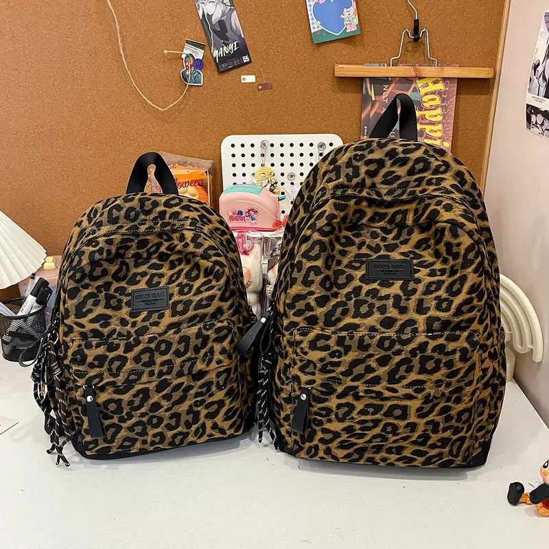 Leopard Print Canvas Backpack – Large Travel Bag for Women