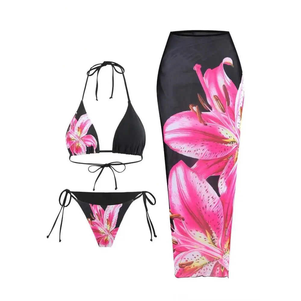 3-Piece Women's Halter Bikini Set with Long Cover-Up Dress Women's Bikini Set Nixie