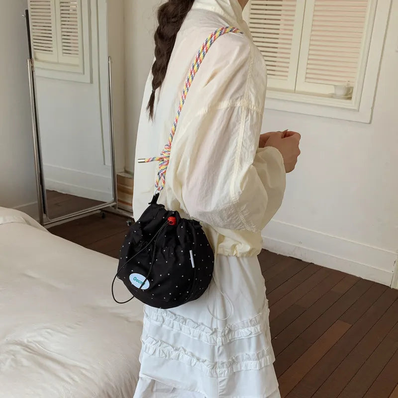 Japanese Drawstring Bucket Bag – Polka Dot Crossbody Purse Crossbody Bucket Bag Nixie BB-1385Black