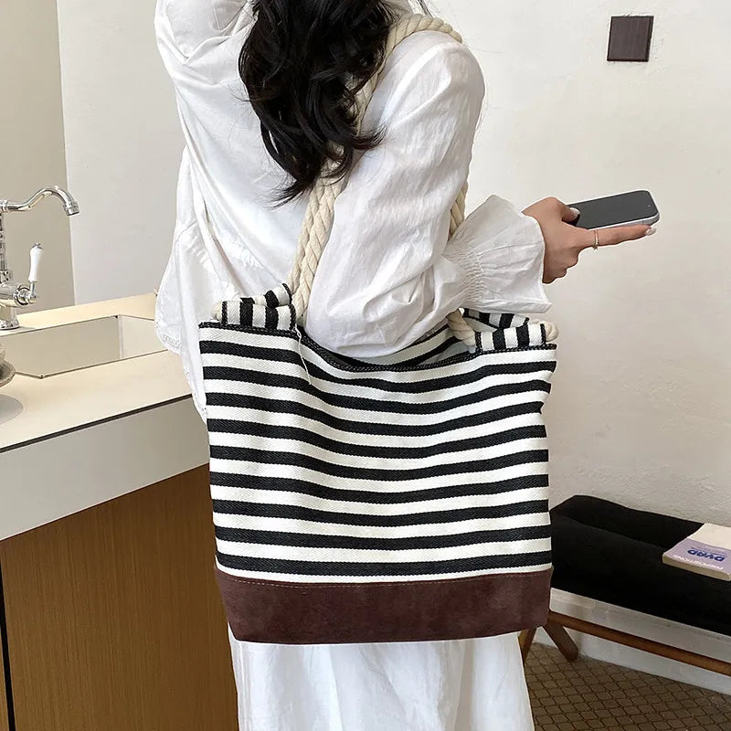 Large Striped Canvas Tote Bag – Preppy Shoulder Commuter Bag Canvas Tote Bag Nixie