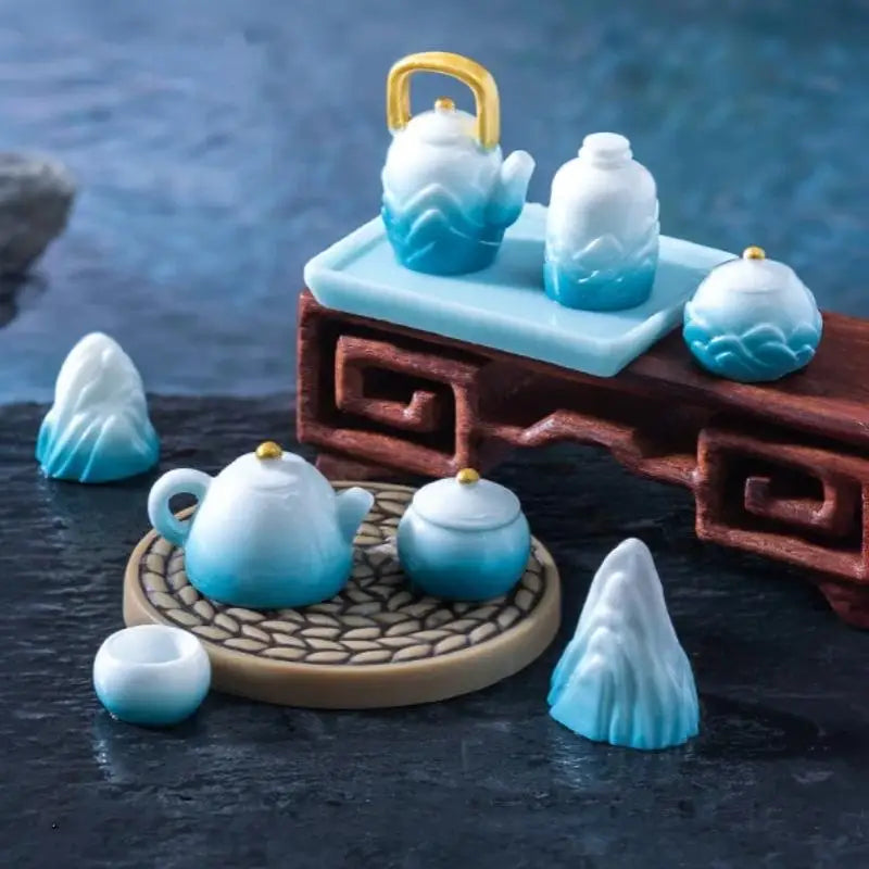 9Pcs Chinese Resin Micro Landscape Tea Set & Mountain Figurines Micro Landscape Figurine Nixie