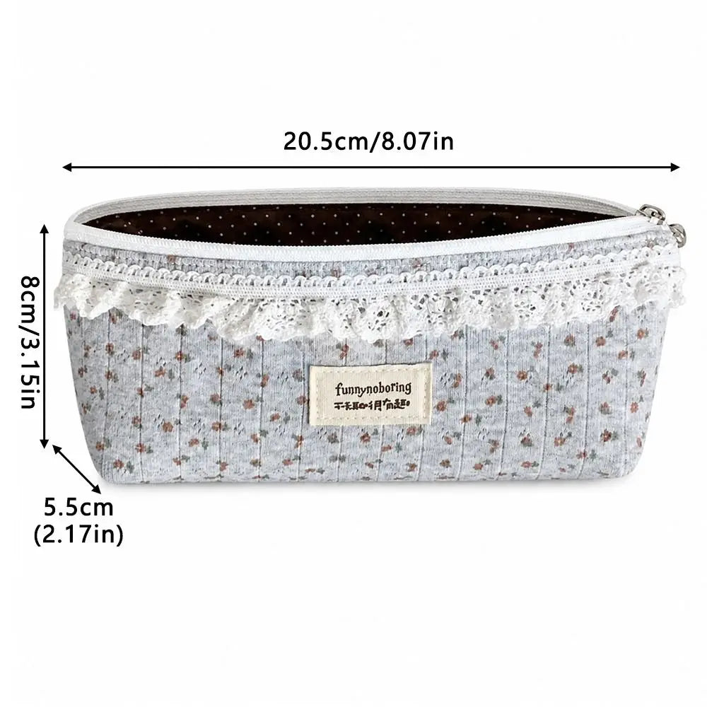 Floral Lace Pencil Case – Large Capacity Grey Pouch