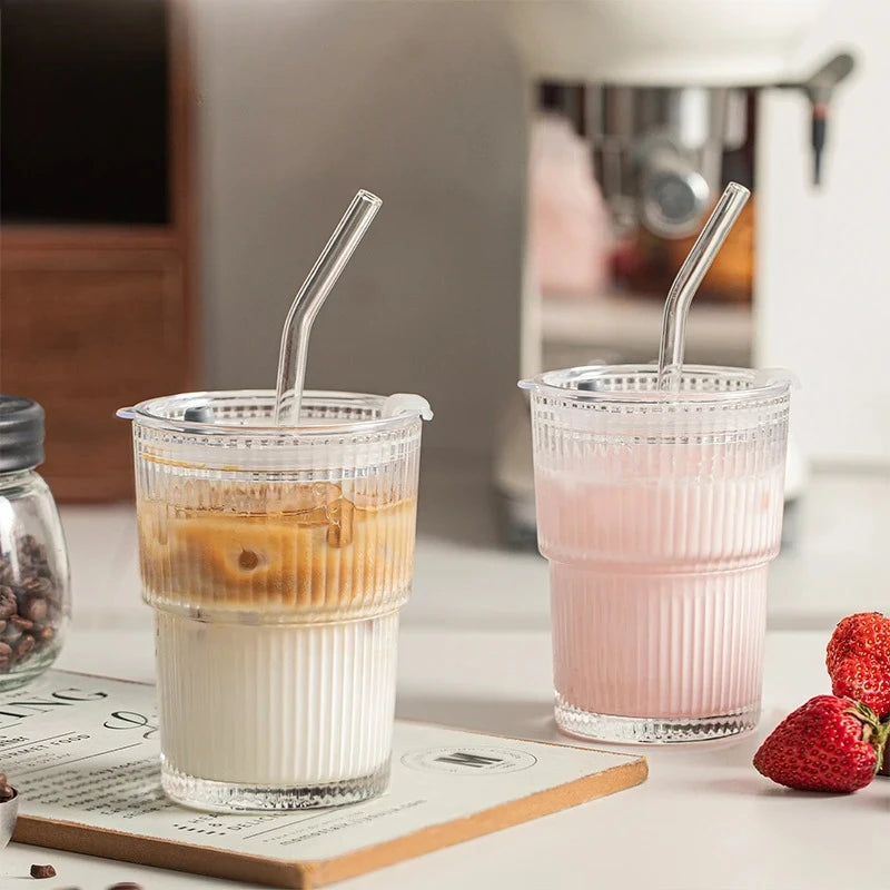 450ml Fluted Glass Cup with Lid & Straw – Lead-Free Set Glass Drinkware Set Nixie