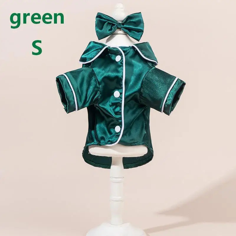Satin Dog Pajamas Set with Bow Headband | Soft Pet Sleepwear