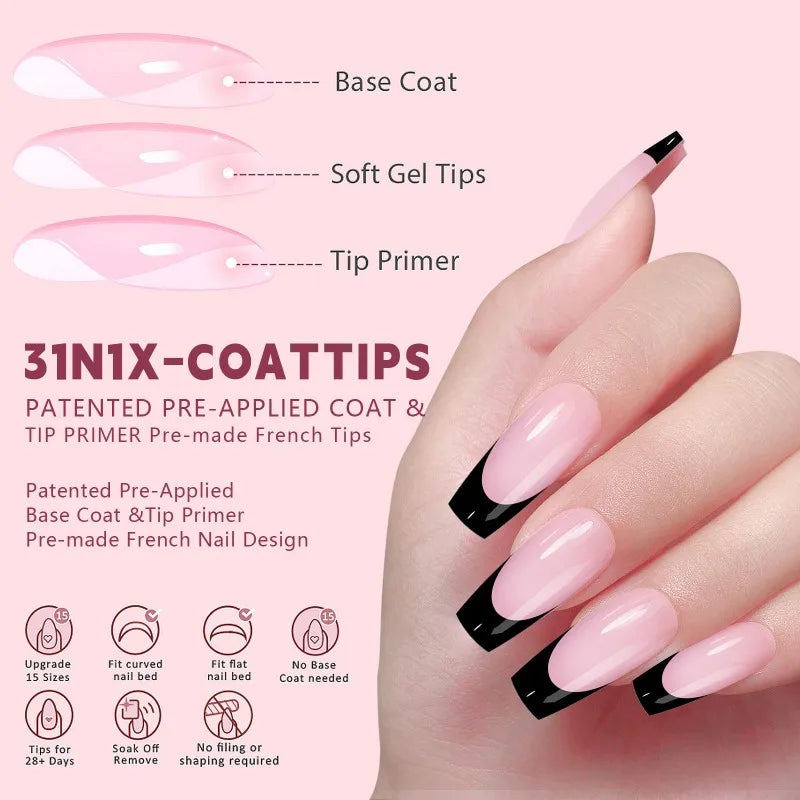 Black Pink French Tip Press On Nails with Rhinestones 24pcs Press On Nails Nixie