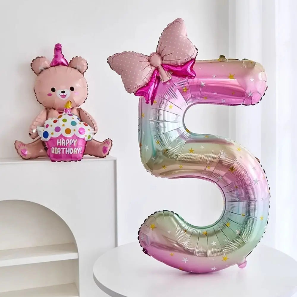 40" Colorful Gradient Number Foil Balloon with Bow – 0–9 Party Balloon Nixie