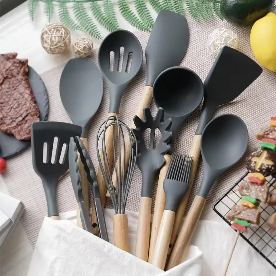 12-Piece Silicone Kitchen Utensils Set – Wooden Handle Kitchen Utensil Set Nixie