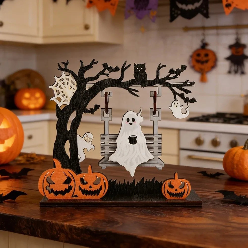 Wooden Halloween Pumpkin Spirit Swing Desktop Ornament Halloween Desk Ornament Nixie