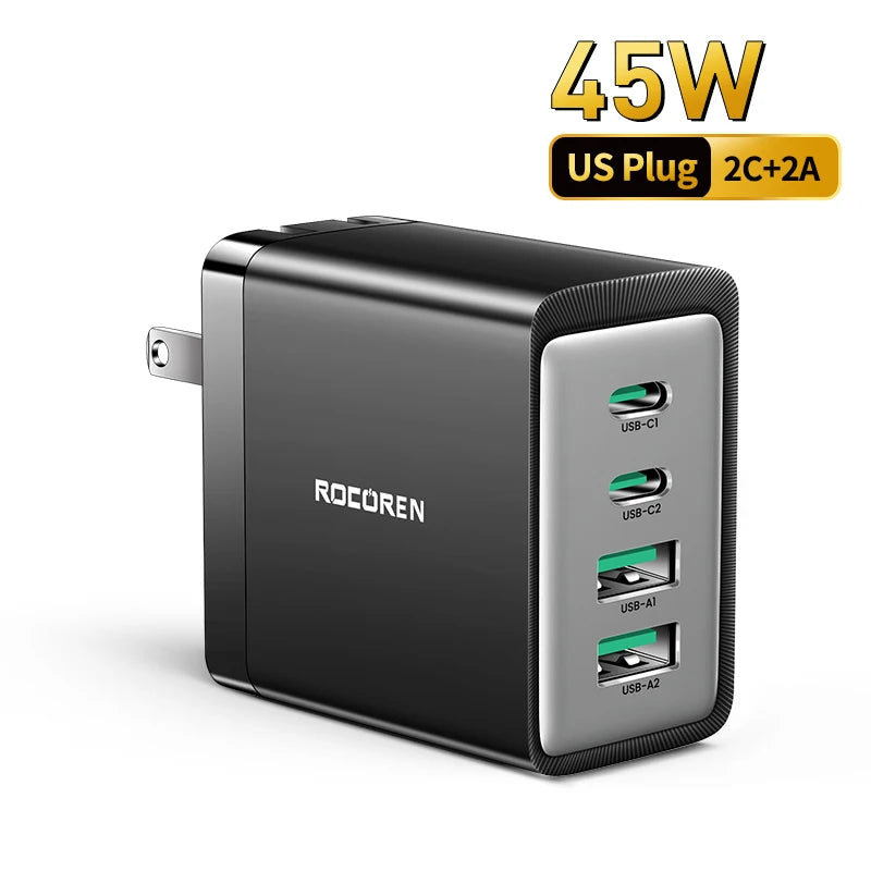 Rocoren GaN 45W 4-Port USB-C Fast Charger for iPhone & Samsung