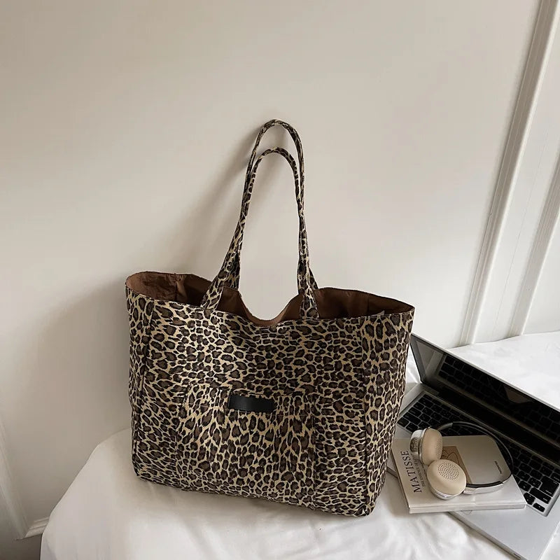 Leopard Print Canvas Shoulder Bag – Korean Retro Women's Tote Canvas Shoulder Bag Nixie