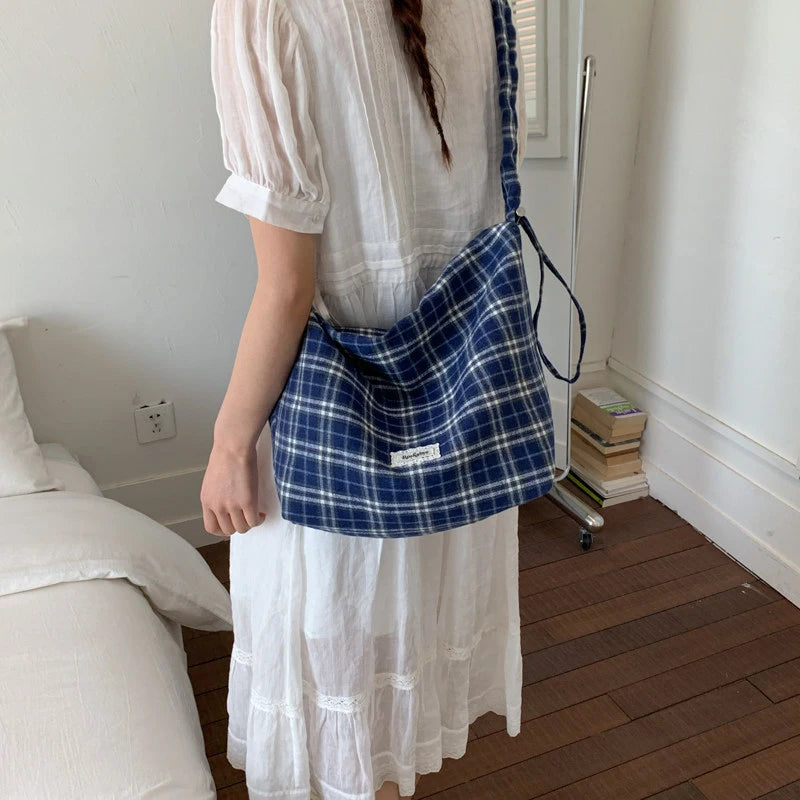 Vintage Plaid Canvas Tote Bag – Large Shoulder Crossbody Bag Canvas Tote Bag Nixie