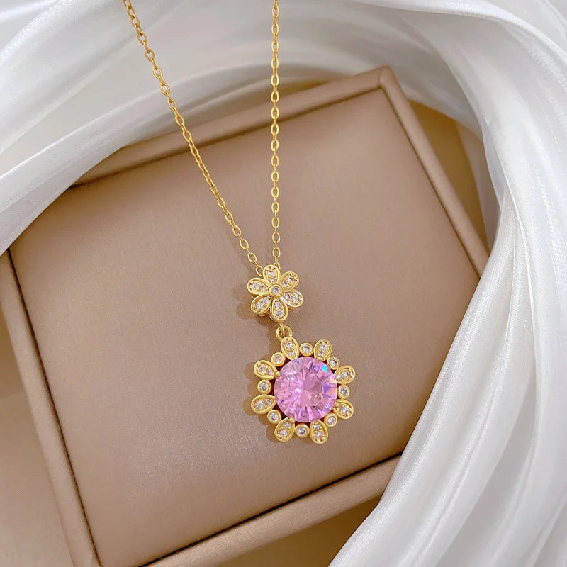 Pink Flower Zircon Pendant Necklace – Gold Plated for Women Pendant Necklace Nixie