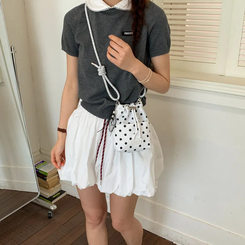Polka Dot Crossbody Bucket Bag – Drawstring Shoulder Bag Crossbody Bucket Bag Nixie White