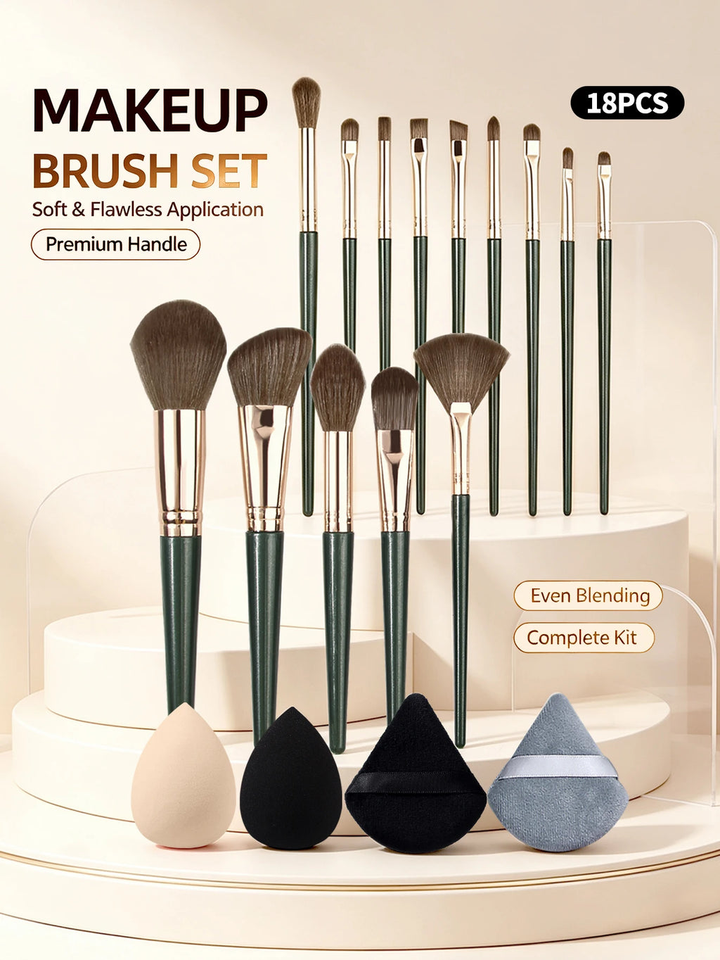 18-Piece Makeup Brush Set – Face, Eye, Sponges & Puffs Kit Makeup Brush Set Nixie