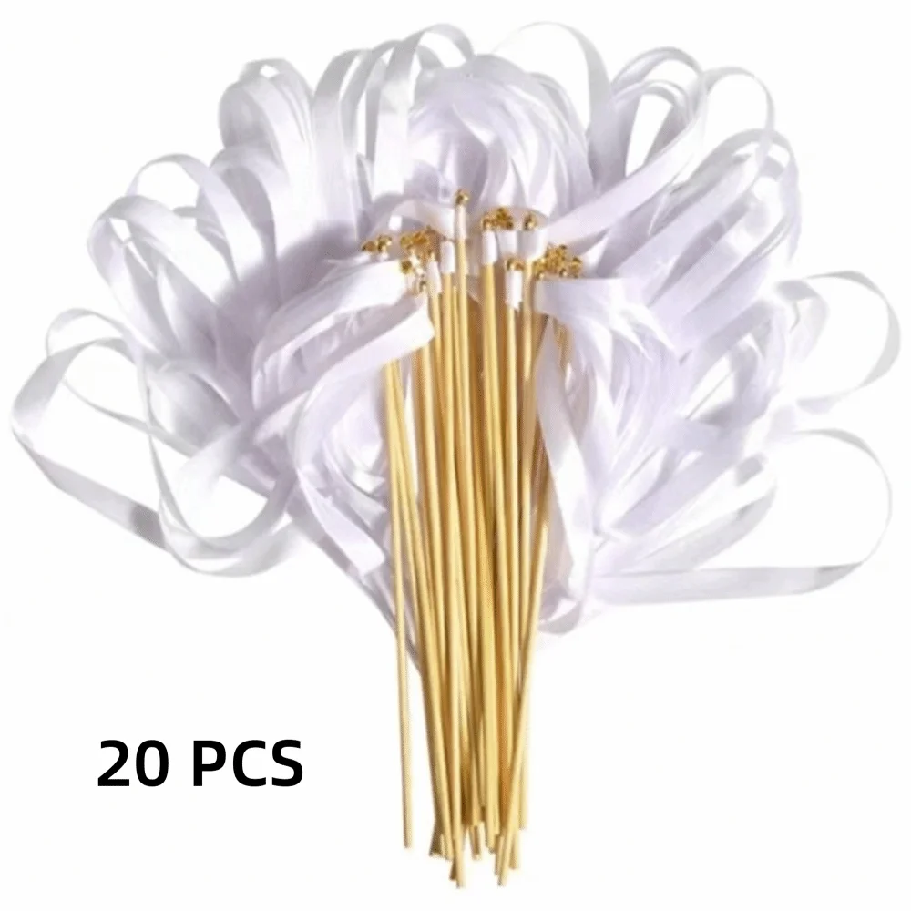 20Pcs Gold Bell Ribbon Wands Lace Fairy Sticks for Weddings Wedding Ribbon Wands Nixie White