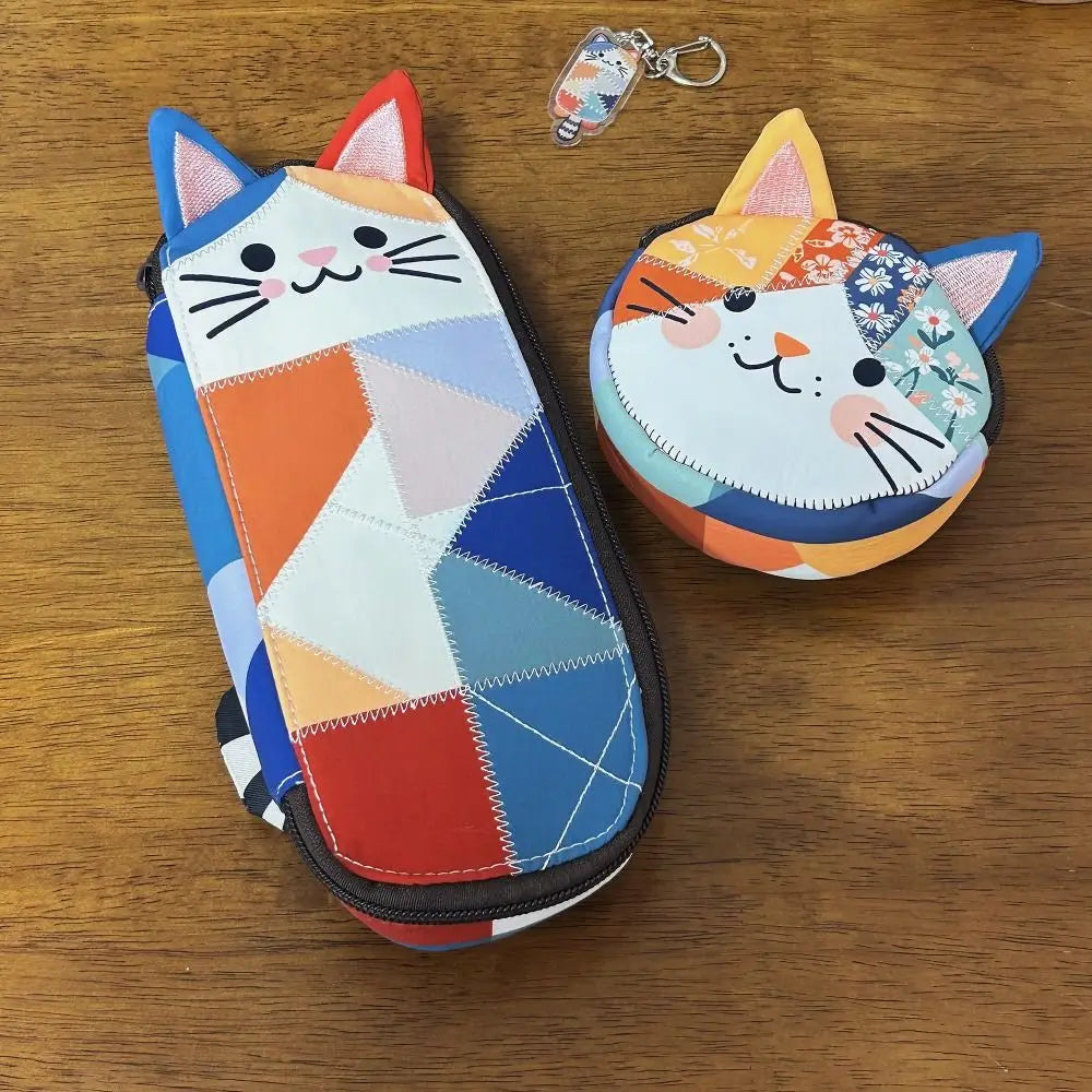 Large Capacity Cat Patchwork Pencil Case – Cute Stationery Bag