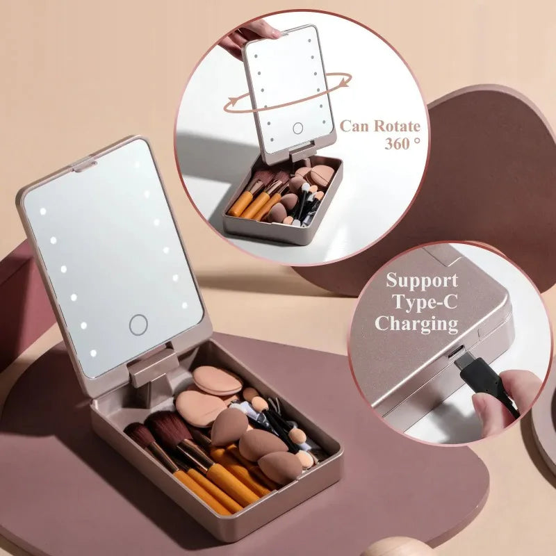 Travel Makeup Brush Set with Illuminated Folding Mirror & Sponges Makeup Mirror Gift Set Nixie