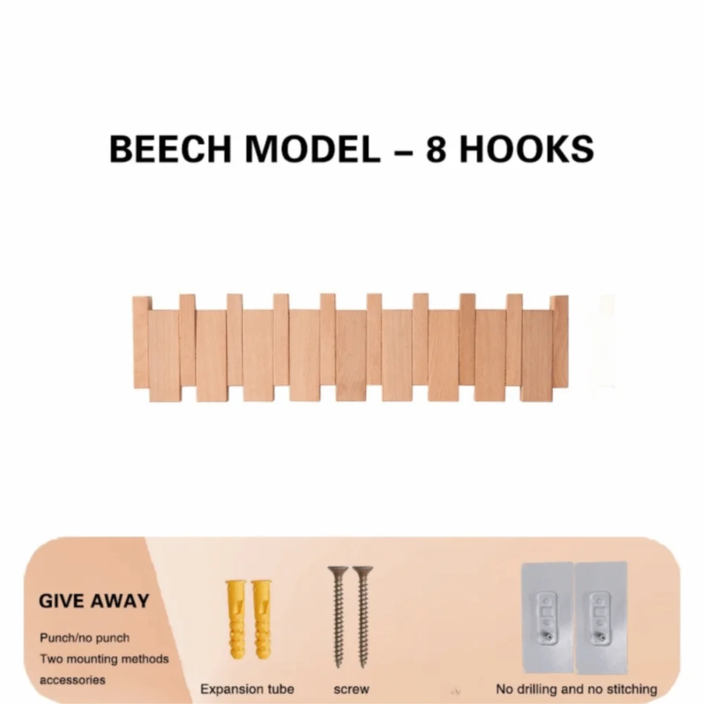 Wall Mounted Wood Coat Rack with 8 Piano Key Hooks