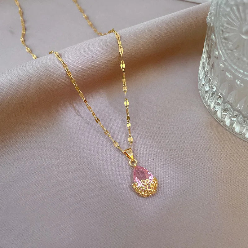 Waterdrop Pendant Necklace – Gold Stainless Steel Clavicle Chain Pendant Necklace Nixie