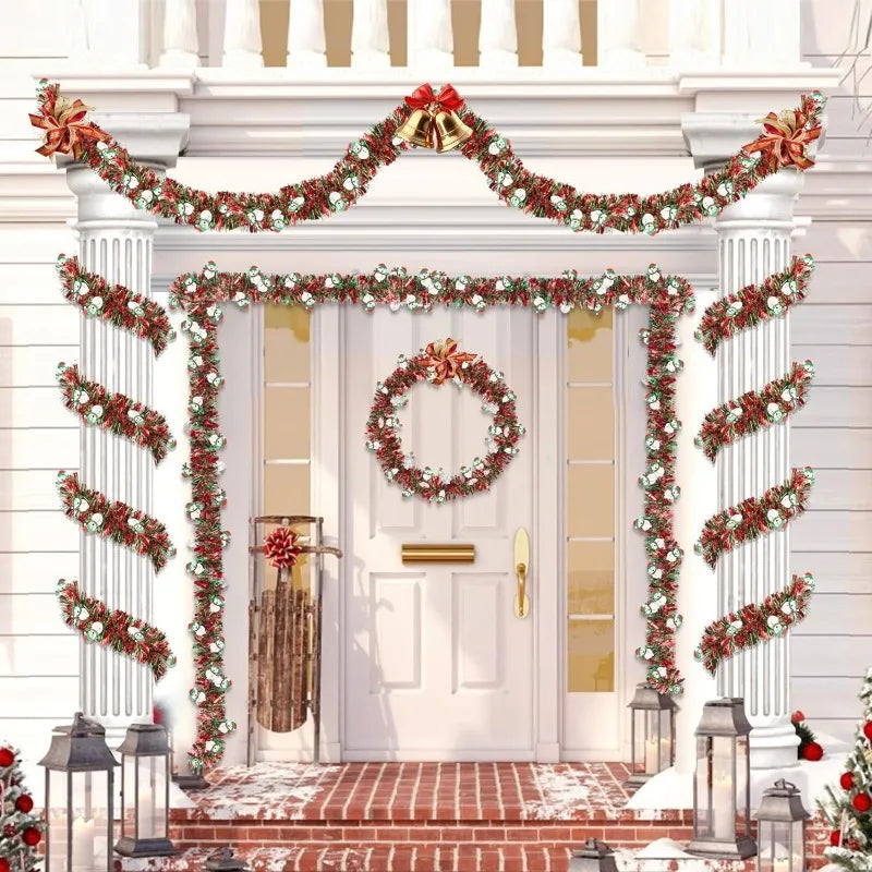 6.6FT Red Green Tinsel Garland with Snowman Ornaments | Xmas Decor Christmas Tinsel Garland Nixie