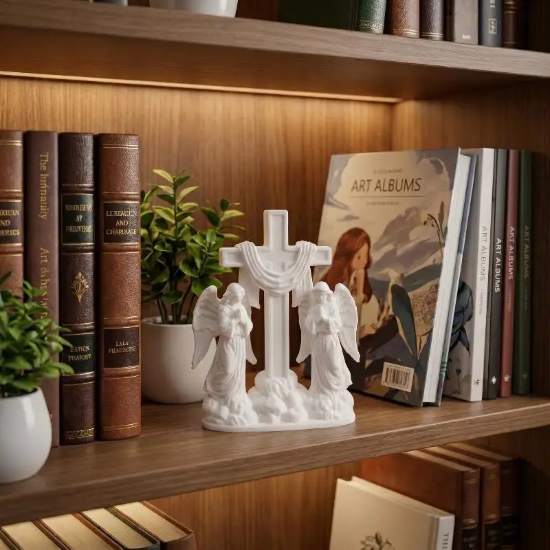3D Printed White Cross Figurine with Praying Angels – Home Décor Religious Figurine Nixie