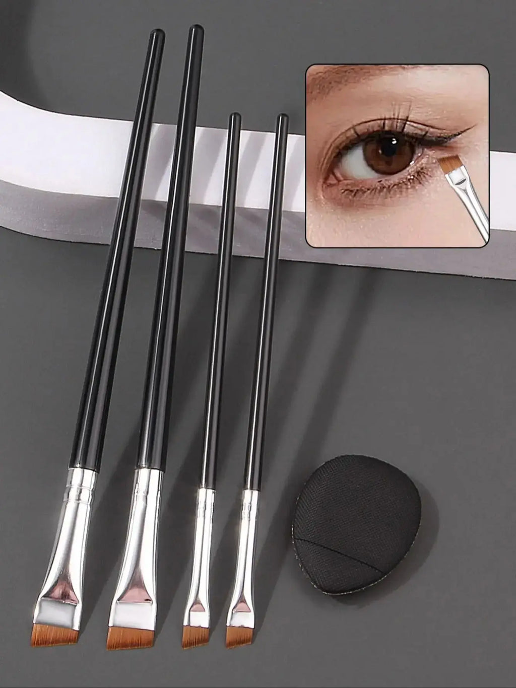 4-Piece Ultra-Fine Eyeliner & Eyebrow Brush Set + Powder Puff Makeup Brush Set Nixie black