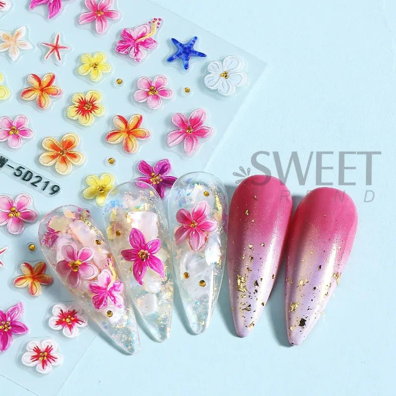 5D Embossed Nail Stickers – Tropical Floral & Starfish Decals Nail Art Stickers Nixie
