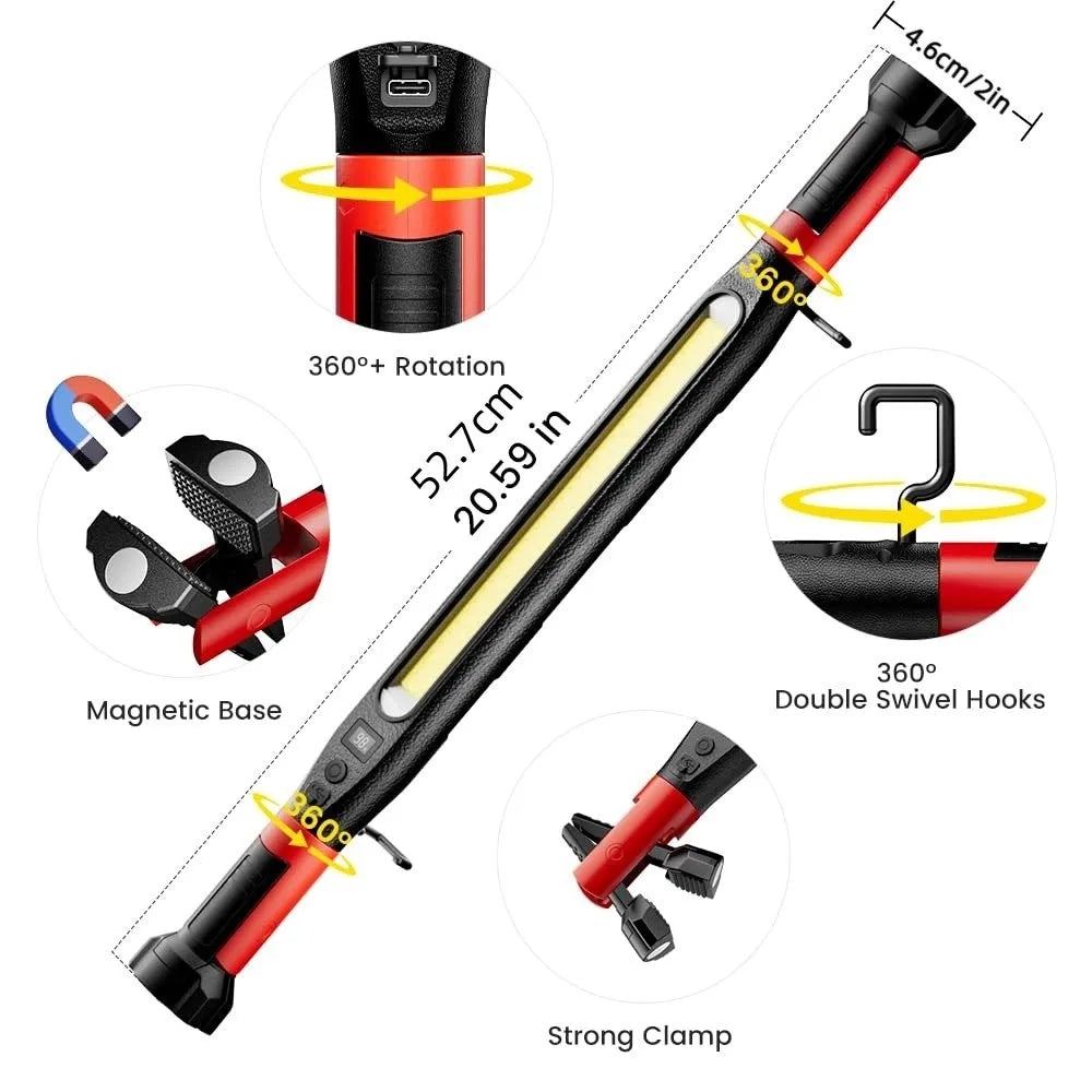 Magnetic LED Work Light Bar – IP65 Rechargeable, Digital Display