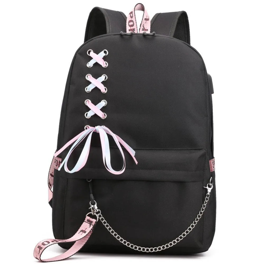 Large Oxford Cloth Laptop Backpack – Silk Ribbon & Chain Design Laptop Backpack Nixie 1
