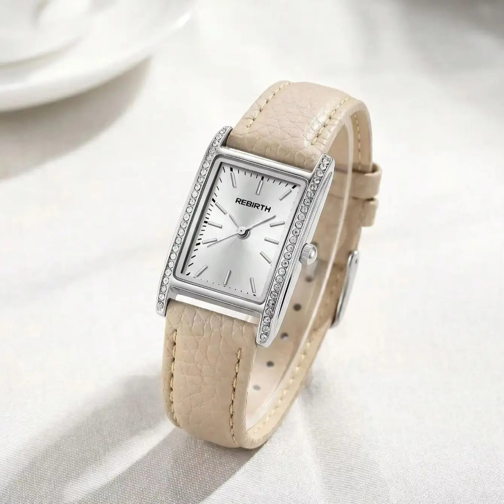 REBIRTH Women's Slim Square Dial Quartz Watch – Leather Strap Women's Quartz Watch Nixie