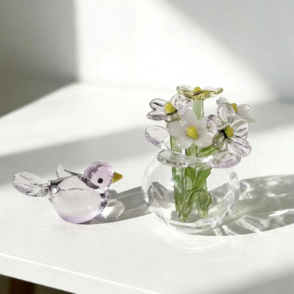 Mini Faux Crystal Flower Figurine Glass Bouquet Bee Bird Décor Glass Flower Figurine Nixie