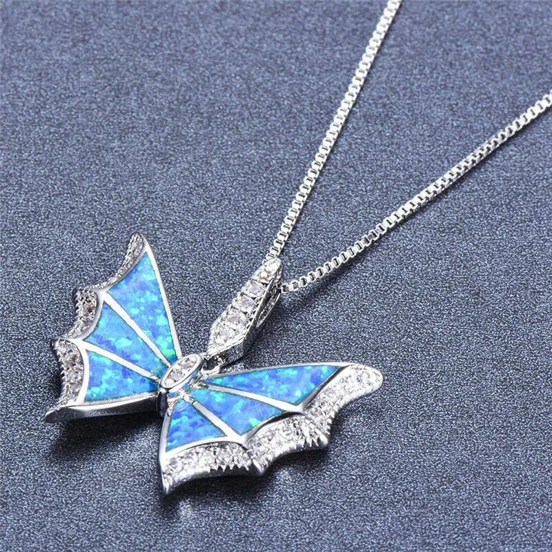Blue Simulated Opal Butterfly Pendant Necklace | Silver Tone Pendant Necklace Nixie Blue