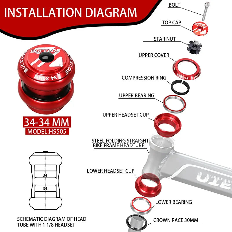 BUCKLOS Bike Headset 34-56mm Sealed Bearing MTB Road Bicycle Bicycle Headset Nixie 34-34mm-Red