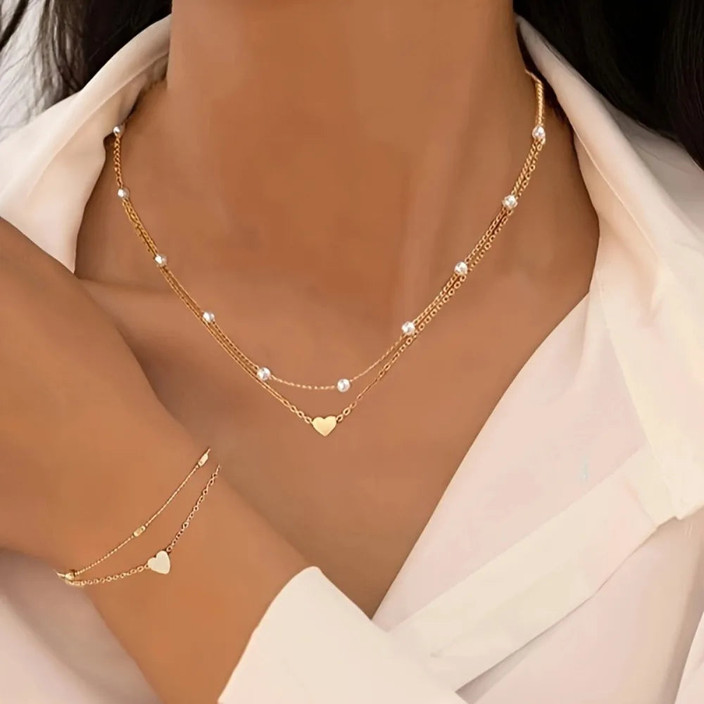 Pearl Heart Necklace & Bracelet Set – Gold & Silver Y2K Style Jewelry Set Nixie Gold
