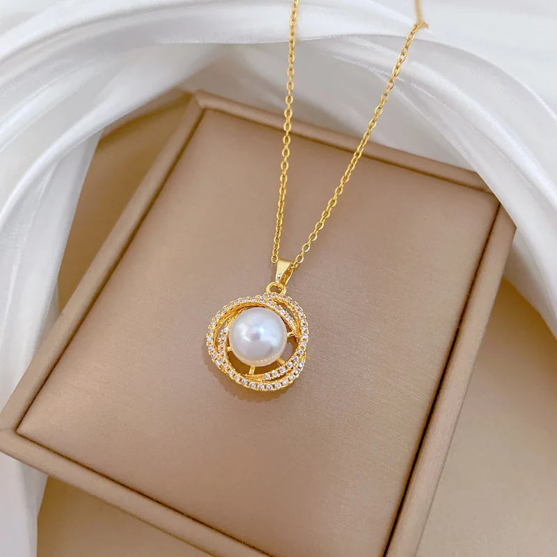 Bird's Nest Imitation Pearl Pendant Necklace | Gold Stainless Steel Pendant Necklace Nixie