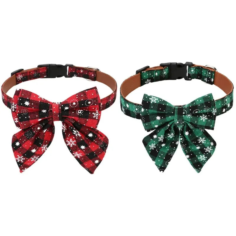 Christmas Plaid Dog Collar with Removable Bow Tie | Large Dogs