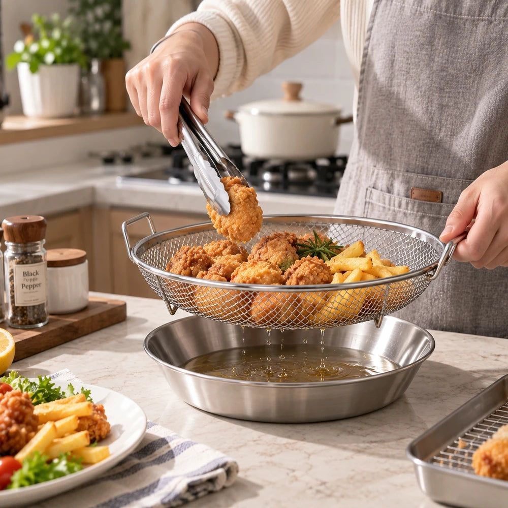 3-Piece Stainless Steel Kitchen Set: Drain Basket, Tray & Tongs Kitchen Tool Set Nixie