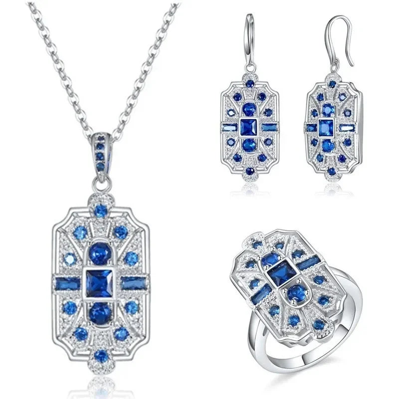 Blue Crystal Heart Jewelry Set – Necklace, Earrings & Ring Crystal Jewelry Set Nixie