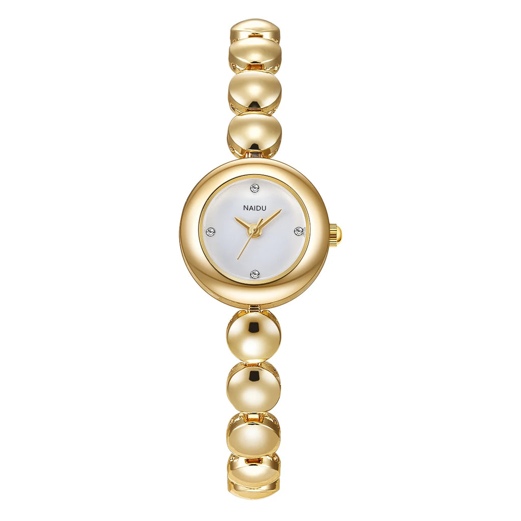Gold Bead Chain Women's Quartz Watch – Rhinestone White Dial