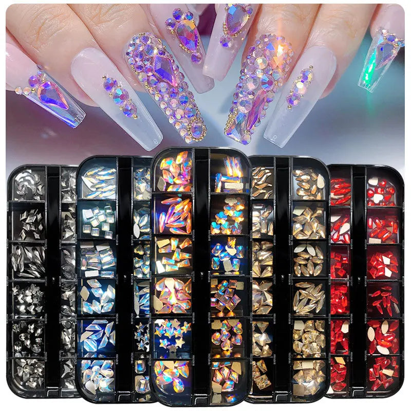12-Grid Nail Art Rhinestone Kit – 120pc Flat Back Glass Gems Nail Art Rhinestones Nixie