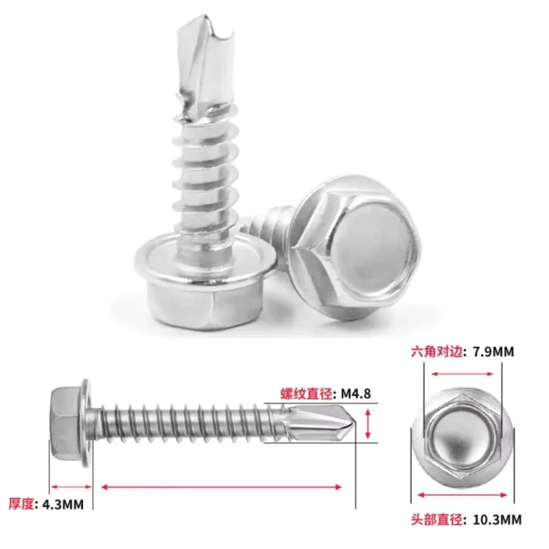 M4.2 Self-Tapping Sheet Metal Screws 410 Stainless Hex Head Sheet Metal Screws Nixie M4.8 100PCS 19MM
